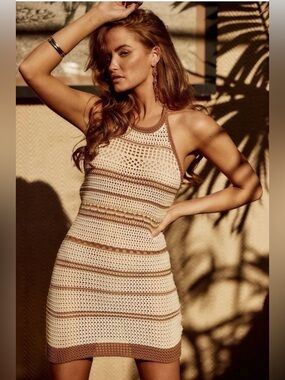 NWT 12th Tribe Cream and Brown Crochet Mini Dress S